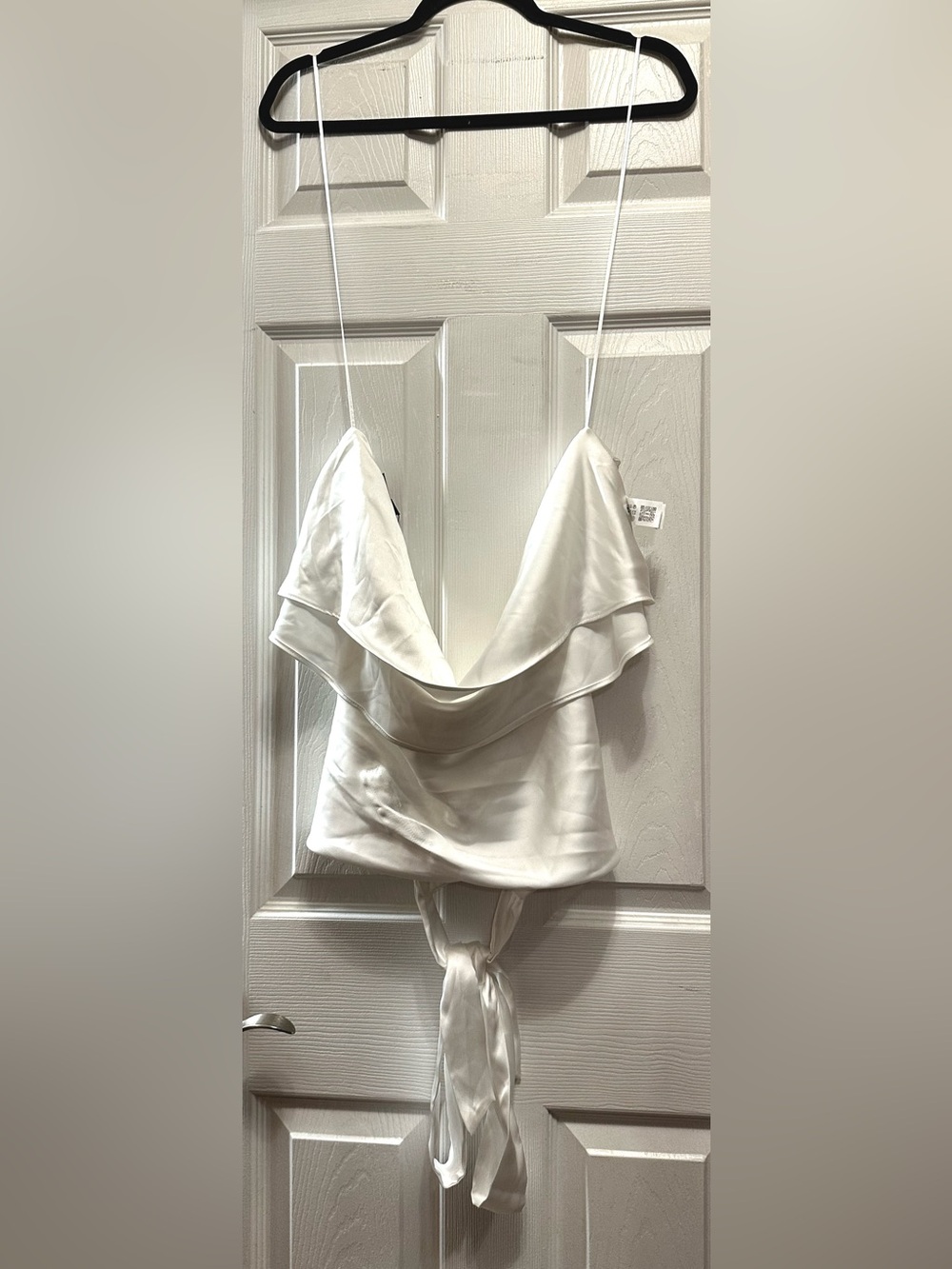 Zara Satin-Effect Draped Halter Top in ecru/white.